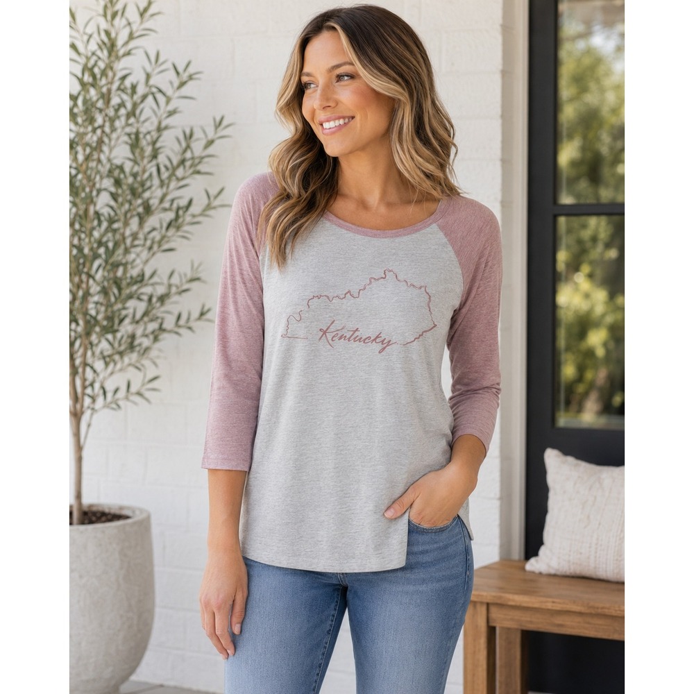 Kentucky State Outline Raglan Tee S Mauve Gray 3/4 Sleeve Baseball Shirt